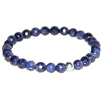 8mm Natural Gemstone Blue Sapphire Round shape Faceted cut beads 7.5 inch stretchable bracelet for men. | HS_Stbr_M_02237