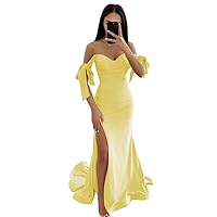 PEIYJYUSP Off Shoulder Satin Prom Dresses with Slit Long Mermaid Bridesmaid Dresses for Women Formal Party Gown