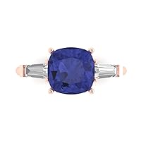 Clara Pucci 3.55 ct Cushion Baguette cut 3 stone Solitaire accent Stunning Simulated Blue Tanzanite Modern Promise Statement Ring 14k Rose Gold
