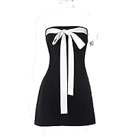 Sexy Backless Bow Patchwork Black Dress Women Mall Goth Aesthetic Hotsweet Strapless Waist Party