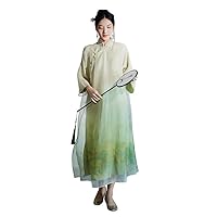 Women's Silk Gradient Print Dress Chinese Element Connect Shoulder Sleeve Loose Midi Dresses 2657