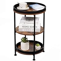 Dulcii Side Table, Round End Table with 3 Storage Shelves for Living Room, Bedroom, Nightstand with Steel Frame for Small Spaces, Industrial Round Sofa Table, Outdoor Accent Coffee Table, Rustic Brown