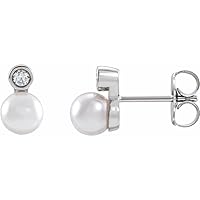 Cultured White Akoya Pearl 5mm 14k White Gold Friction Back Polished White and .06 Carat Natural Dia Jewelry for Women