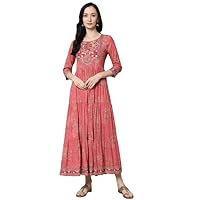 Indian Women's Round Neck Pink Color Rayon Long Tiered Dress