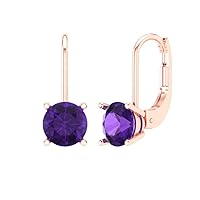 0.9ct Round Cut Solitaire Natural Amethyst Unisex Lever back Drop Dangle Earrings 14k Rose Gold conflict free Jewelry
