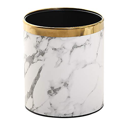 PU Leather Marble Texture Trash Cans Waste Paper Basket, Storage Bin for Bathroom, Living Room, Office and High Class Hotel (White Marble)
