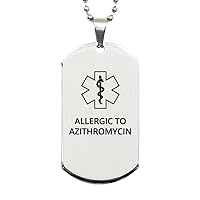 Medical Alert Silver Dog Tag, Allergic to Azithromycin Awareness, SOS Emergency Health Life Alert ID Engraved Stainless Steel Chain Necklace For Men Women Kids