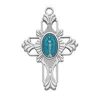 RHODIUM PLATED MIRACULOUS CROSS WITH BLUE ENAMEL, INCLUDES 20