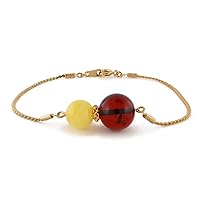 Cherry and Milky Amber Round Beads Chain Bracelet 14K Gold Plated, Genuine Baltic Amber.