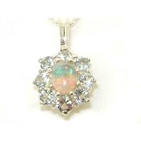 Ladies Solid 925 Sterling Silver Ornate Large Natural Fiery Opal and Aquamarine Cluster Pendant Necklace