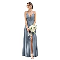 a line Spaghetti Straps Ruched Chiffon Bridemaid Dresses Blackless Women's Formal Dress with Side Split