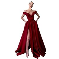 Satin Women's Off The Shoulder Prom Dresses Long Gowns Backless Slit Formal Evening Party Dress with Pockets