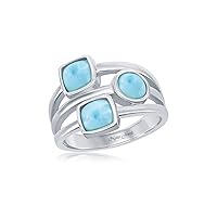 925 Sterling Silver Larimar Gemstone Multi-shaped Triple Band Ring With Rhodium Plated | Ring For Woman's & Girls