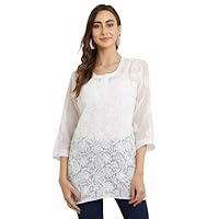FAWOMENT Women's Pure Georgette Handcrafted Lucknowi Chikankari Embroidery Short Kurti