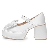 FSJ Women Cute Bowknot Platform Round Toe Loafers Chunky High Heel Strap Buckle Party Prom Dress Shoes Size 4-15 US