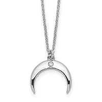 Sterling Silver Cable Rhodium Plated CZ Moon Necklace 16 Inches x 15 mm
