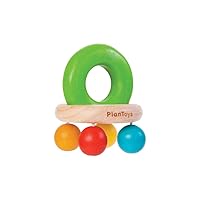 PlanToys (5213) Wooden Bell Rattle and Teether Baby Toy Sustainably Made from Rubberwood and Non-Toxic Paints and Dyes
