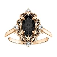 Vintage Black 1 CT Marquise Engagement Ring 10K Rose Gold, Victorian Marquise Black Diamond Ring, Filigree Marquise Black Onyx Ring, Bridal Ring, Wedding Rings