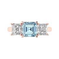 Asscher Cut Aquamarine Three Stone 925 Sterling Silver In 14K Rose Gold Over Wedding Ring Set for Women