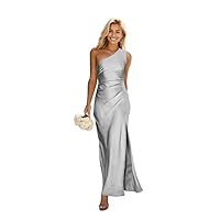 One Shoulder Bridesmaids Dresses Long Satin Mermaid Prom Dress Pleated Formal Party Dress with Slit AF010