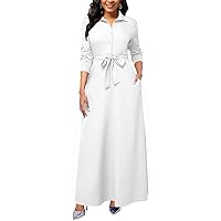 Maxi Dress for Women Casual Sexy V-Neck Floral Long Sleeve Casual Dress with Belt White X-Large