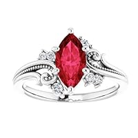 Vintage Floral 1 CT Marquise Ruby Ring 14k White Gold, Nature Inspire Red Ruby Engagement Ring, Filigree Ruby Diamond Ring July Birthstone Ring