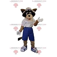 Dog REDBROKOLY Mascot with blue shorts and a white t-shirt