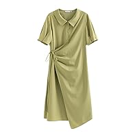 Slightly Fat Lady Polo Collar Summer Half Sleeve Dress Mid-Length Strap Asymmetrical Dress Office Lady Casual Skirts