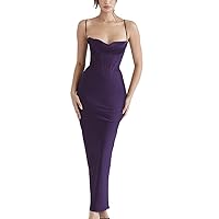 Women's Satin Spaghetti Straps Backless Dress Ruched Bodycon Maxi Cocktail Dresses DD1470
