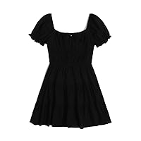 Womens Dresses Square Neck Short Sleeve Short A-Line Dresses Tie Neck Ruched Bust Puff Sleeve Tiered Dress (Color : Black, Size : Medium)