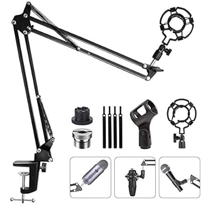 Eastshining Upgraded Adjustable Microphone Suspension Boom Scissor Arm Stand with Shock Mount Mic Clip Holder 3/8'' to 5/8'' Screw Adapter -for Blue Yeti, Snowball & Other Microphones