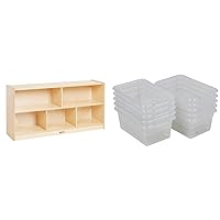 ECR4Kids 5-Compartment Mobile Storage Cabinet, 24in, Classroom Furniture, Natural & Scoop Front Storage Bins, Multipurpose Organization, Clear, 10-Piece