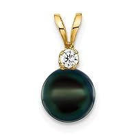 14k Gold 7 8mm Black Round Saltwater Akoya Cultured Pearl Diamond Pendant Necklace Jewelry for Women