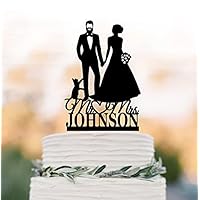 Custom Wedding Cake Topper With Cat, Bride And Groom With Beard Silhouette, Mr And Mrs Cake Topper With Letter