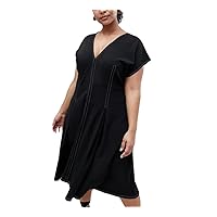 Women V-Neck Summer A-Line Dress Stitching Short Sleeve Fit and Flare Midi Dress Female Large Size