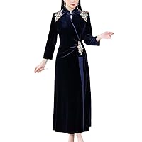 Cheongsam Spring and Autumn Long-Sleeved mid-Length Embroidered Retro Chinese Wind Velvet Dresses for Women