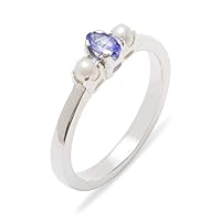 925 Sterling Silver Natural Tanzanite & Cultured Pearl Womens Trilogy Ring - Sizes 4 to 12 Available
