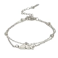 Layered Bracelet For Women Girls Recumbent Cat Double Chain Bracelet Stainless Steel Cute Cat Pendant Double Layer Bracelet Jewelry Gifts For Cat Lover