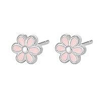 18G Pink Daisy Flower Stud Earrings for Women Teen Girls 925 Sterling Silver Hypoallergenic Cute Tiny Small Enameled Sunflower Cherry Cartilage Tragus Post Nickel Free Piercing Jewelry