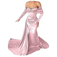 Long Sleeve Prom Dresses for Women 2023 Mermaid Formal Dress Off Shoulder Sweetheart Evening Gown Satin Beaded Long Train