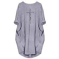 Women's Faith Oversize Baggy Long Sleeve T Shirt Causal Loose Midi Dresses with Pockets