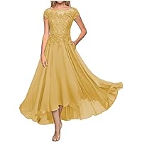 Mother of The Bride Dresses Lace Tea Length Wedding Guest Dress Long Chiffon Mother of The Groom Dresses with Pockets