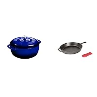 Lodge Enameled Cast Iron Dutch Oven, 7.5 Qt, Indigo & Cast Iron Skillet with Red Silicone Hot Handle Holder, 12-inch