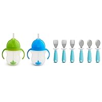 Munchkin® Any Angle™ Weighted Straw Trainer Cup with Click Lock™ Lid, 7 Ounce, 2 Count (Pack of 1), Blue/Green & ® Raise™ Toddler Fork and Spoon Utensil Set, 6 Pack, Blue