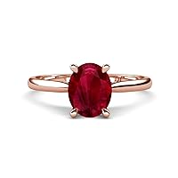 Center Created Ruby 2.61 ctw Oval Shape (9x7 mm) & Side Lab Grown Diamond Prong set Hidden Halo Engagement Ring in 14K Gold