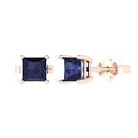 2.0 ct Princess Cut Solitaire Simulated Blue Sapphire Pair of Stud Everyday Earrings 18K Pink Rose Gold Butterfly Push Back