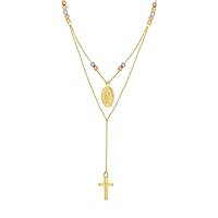 14k Yellow White and Rose Gold Tricolor Virgin Mary Religious Faith Cross Bib Adjustable Necklace 18 Inch Jewelry for Women