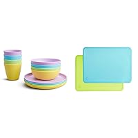 Munchkin® 12pc Baby and Toddler Feeding Supplies Set - Includes Plates, Bowls, and Cups & Spotless™ Silicone Placemats for Kids, 2 Pack, Blue/Green