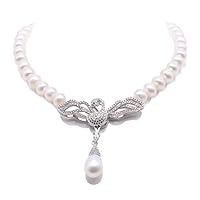 JYX Pearl Pendant Swan Necklace AA+ Quality Gorgeous Genuine 6-7mm White Freshwater Culured Pearl Strand Necklace for Women 20