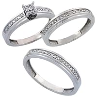 10k White Gold Diamond Trio Wedding Ring Set His 4mm & Hers 4mm, ladie's size 8